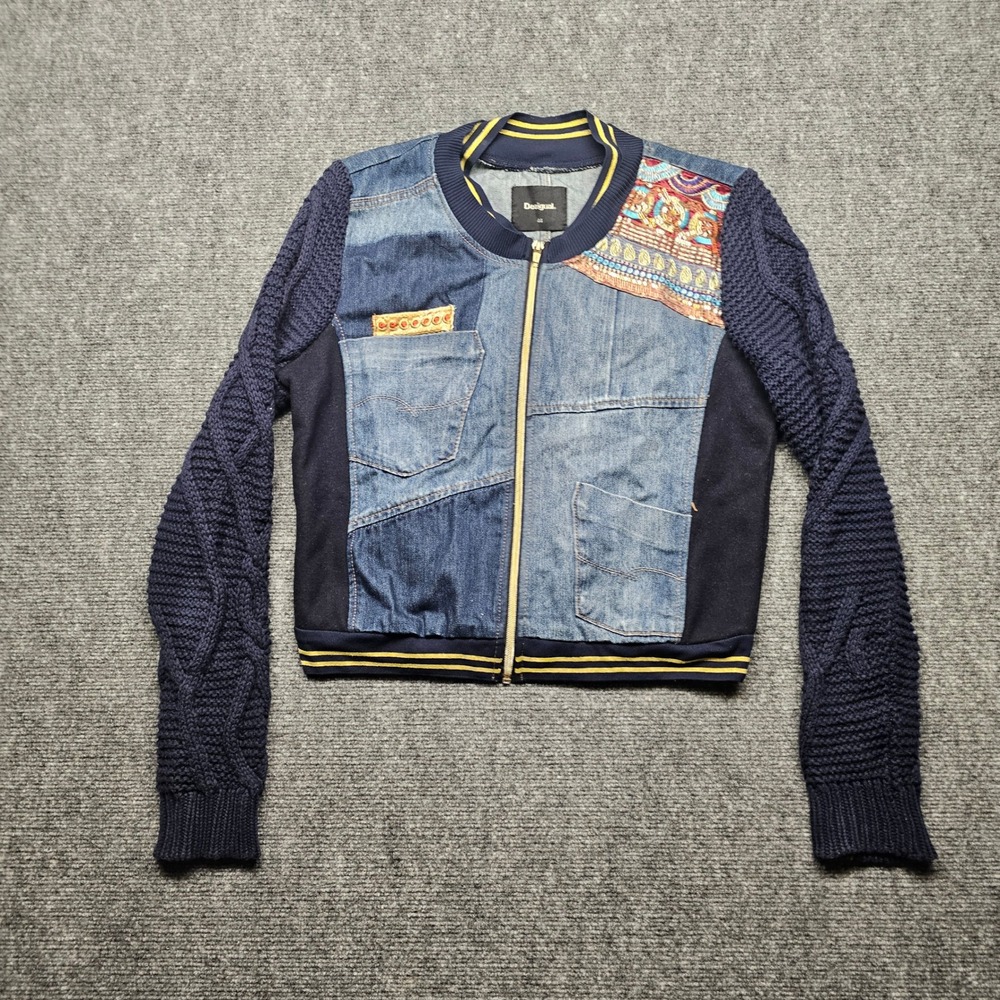 Desigual Mixed Media Denim Bomber Jacket Navy Cable Knit Sleeves Size 44